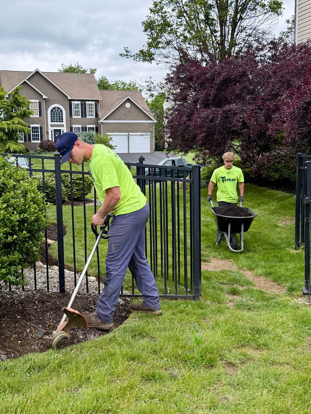 Landscapers edging garden with a string trimmer, one using a wheelbarrow in residential yard.