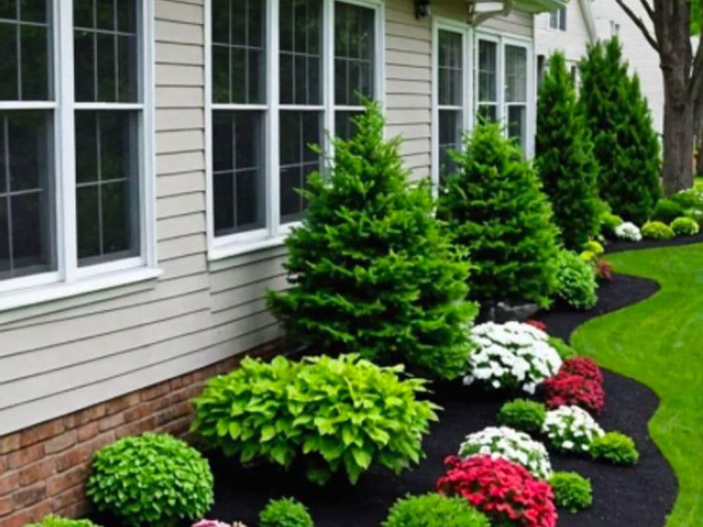 Lush landscape featuring green shrubs, colorful flowers, and pine trees by a house.