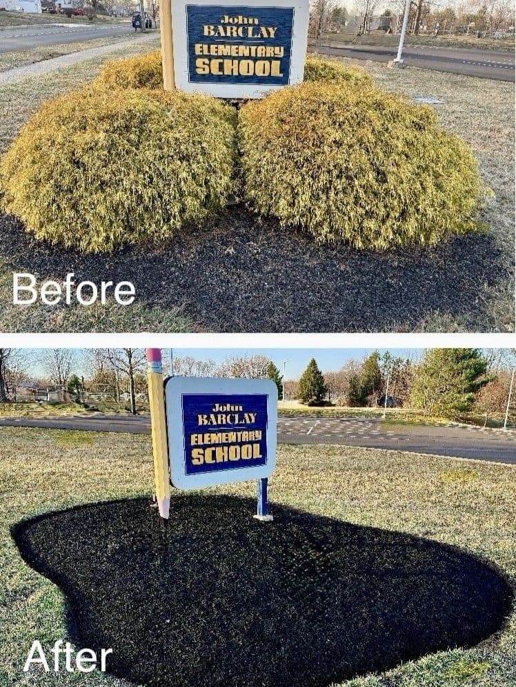 Transformation of John Barclay Elementary School sign area: before and after landscaping improvement.