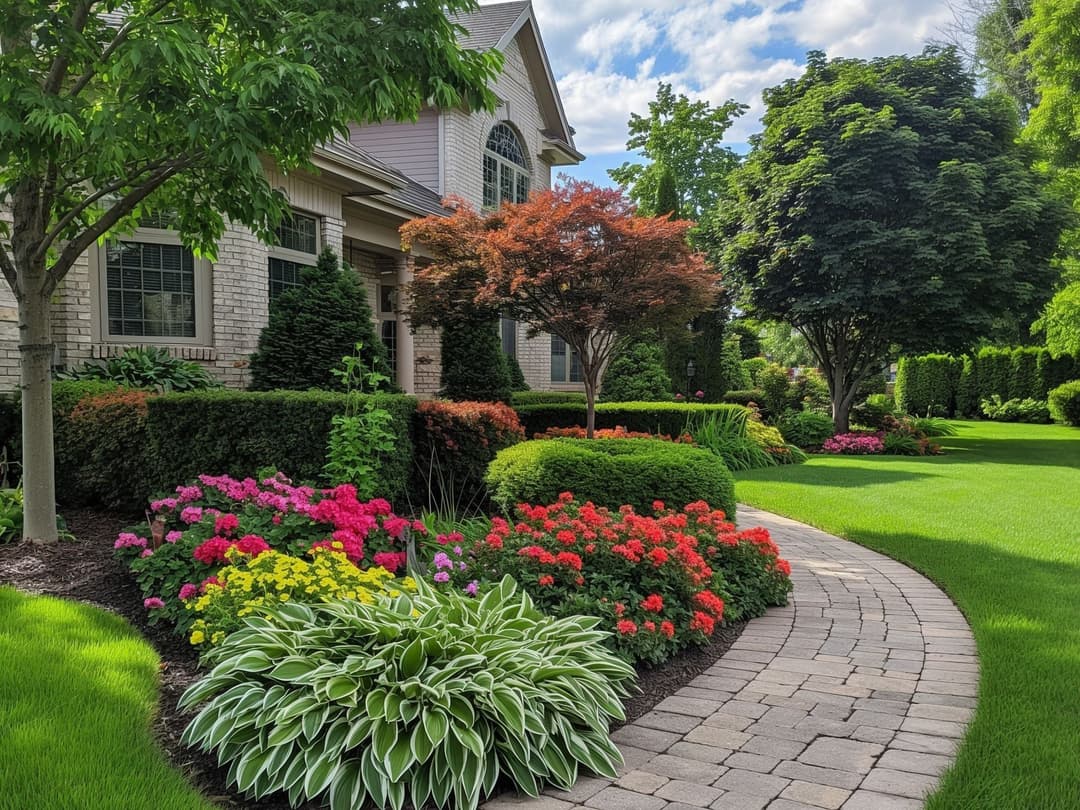 Lush garden with colorful flowers and neatly paved walkway outside a beautiful home.