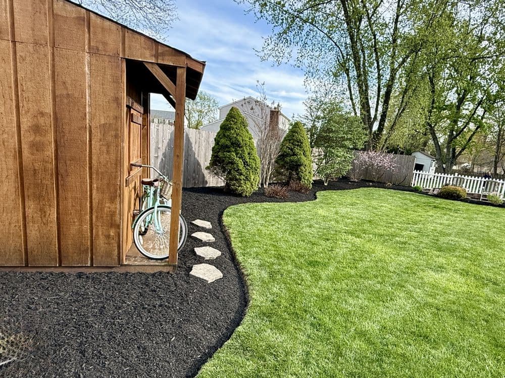 Wooden shed with bike, landscaped yard featuring green grass and black mulch.